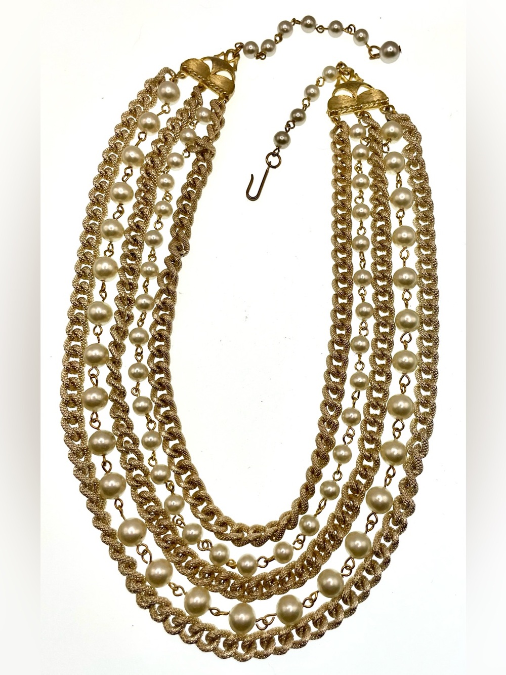 Vintage 1980s Gold Tone Multi Strand Faux Pearl Chain Statement Necklace Runway